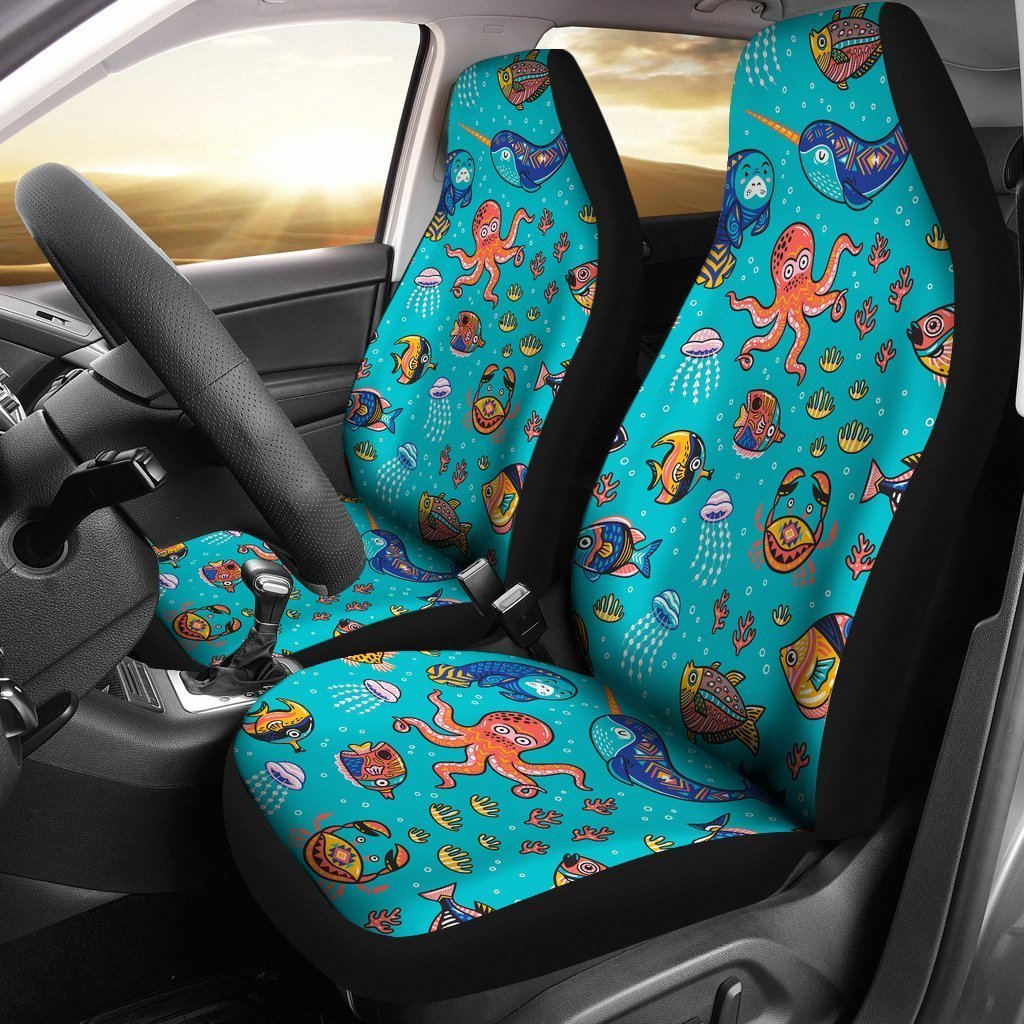 Manatee Whale Fish Octopus Pattern Print Seat Cover Car Seat Covers Set 2 Pc, Car Accessories Car Mats