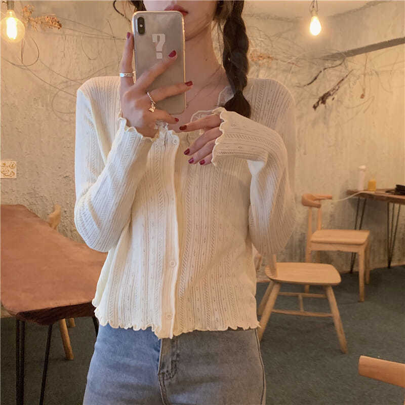 Cardigan Women V-neck Gentle Lace Design Cropped Sweater Elegant Korean Style Soft Single Breasted Outwear Long Sleeve Tops Chic alx