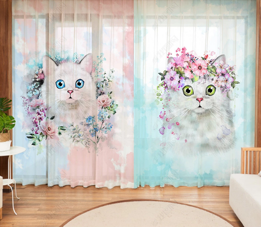 3D Watercolor Animal Cat Floral Curtains And Drapes Lqh 1