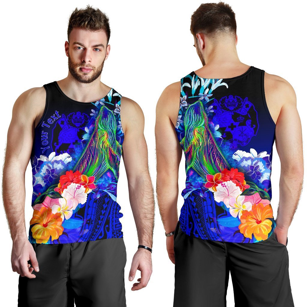 Tonga Custom Personalised Men’S Tank Top – Humpback Whale With Tropical Flowers (Blue)