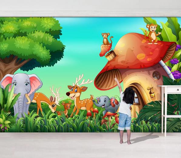 3D Animal Forest Elephant Monkey Mushroom House Wall Mural Wallpaper 925