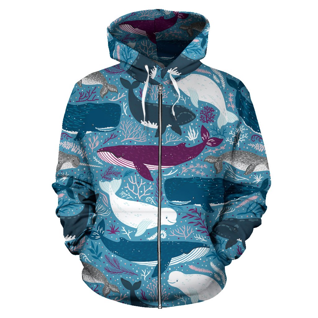 Whale Design Pattern Zip Up Hoodie