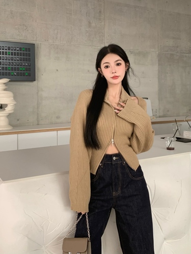 Cardigan Women Zipper Knitting Sexy Crop Autumn All-match New Arrival Solid Casual Fashion Ins Leisure Streetwear Simple Sweater alx