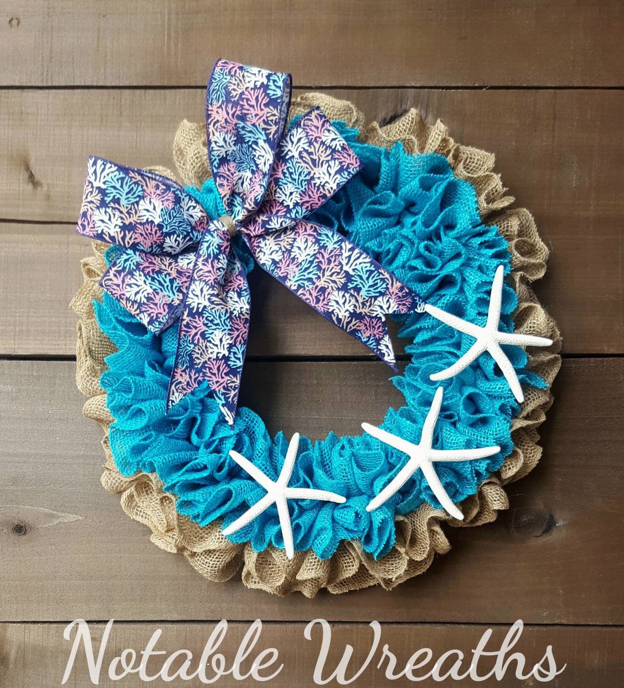 Beach wreath, Coastal wreath, beach decor, coastal decor, beach house wreath, starfish wreath, burlap wreath, seashell wreath