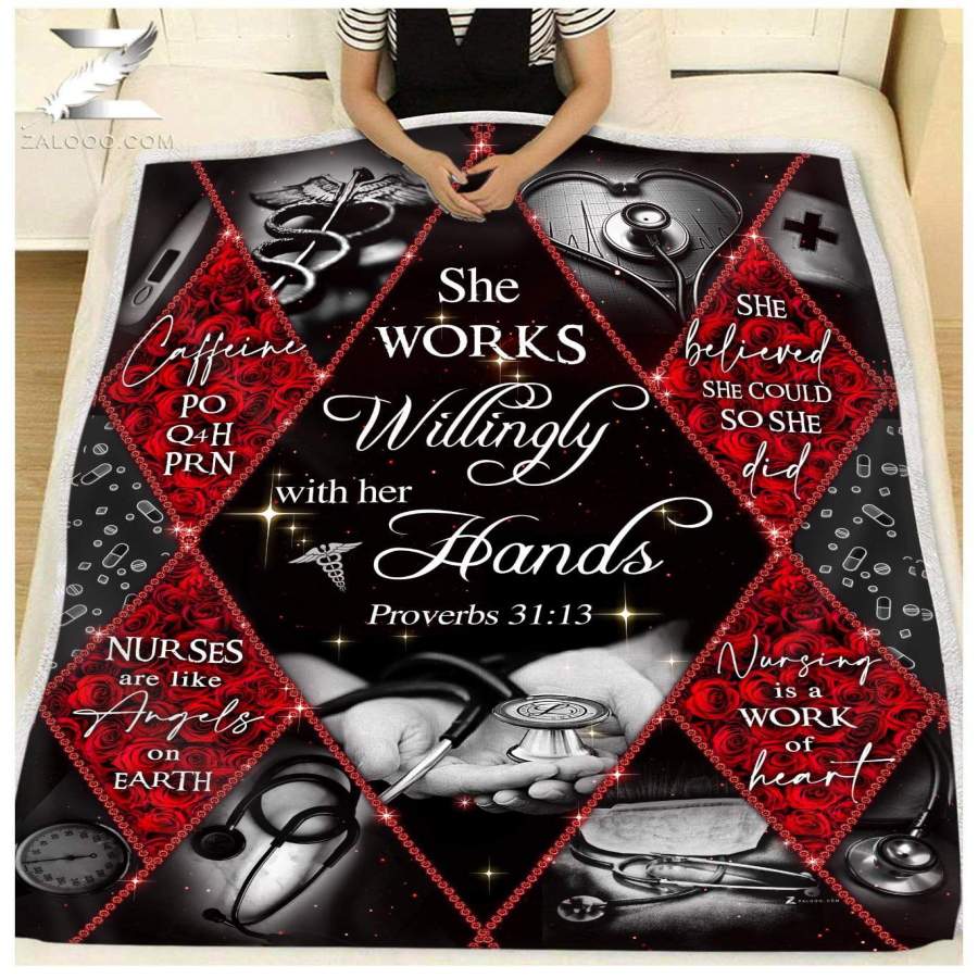 Zalooo – Fleece Blanket – NURSE – She works willingly with her hands