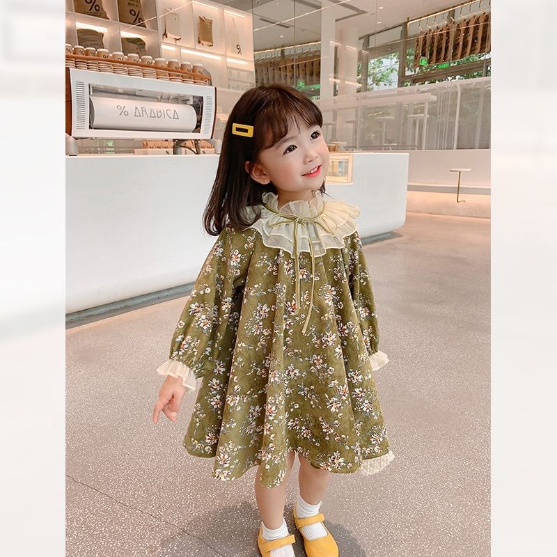 2022 Spring Summer Baby Girl Dresses Korean Girls Green Color Flower Print Princess Party Dress Children Teens Kids Clothes alx