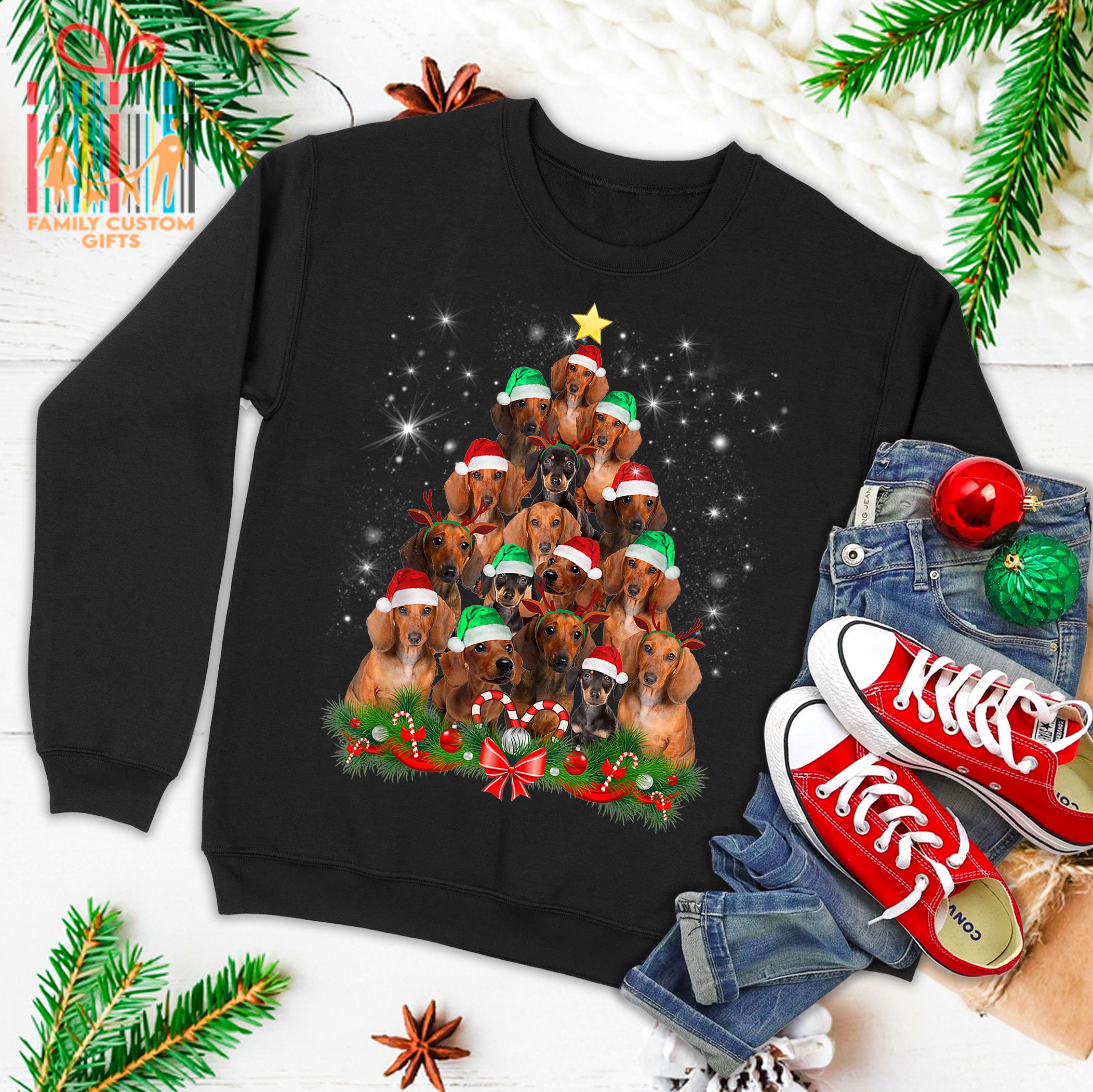 Christmas Dachshund Tree T Shirt Funny Pajamas Xmas Ugly Christmas Sweater T-Shirt