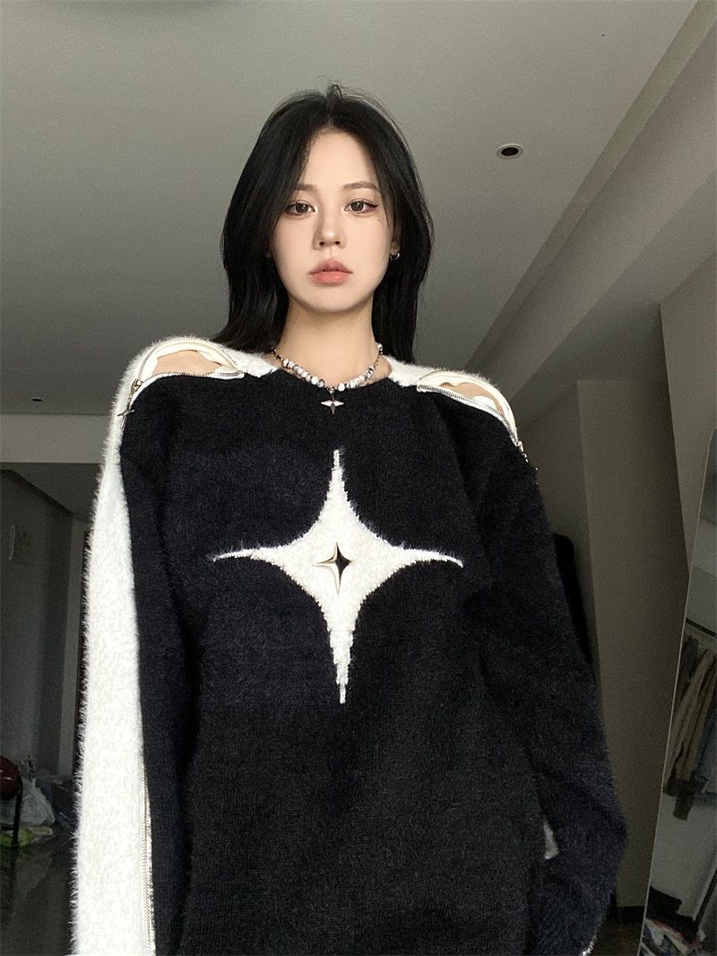 Contrast Star Off-Shoulder Sweater American Fashion Lazy One Shoulder Knit Sweater Hot Girl Loose Pullover Long Sleeve Top alx