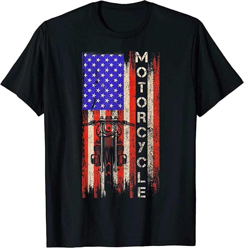 Vintage USA American Flag Motorcycle Dirt Bike Silhouette T-Shirt