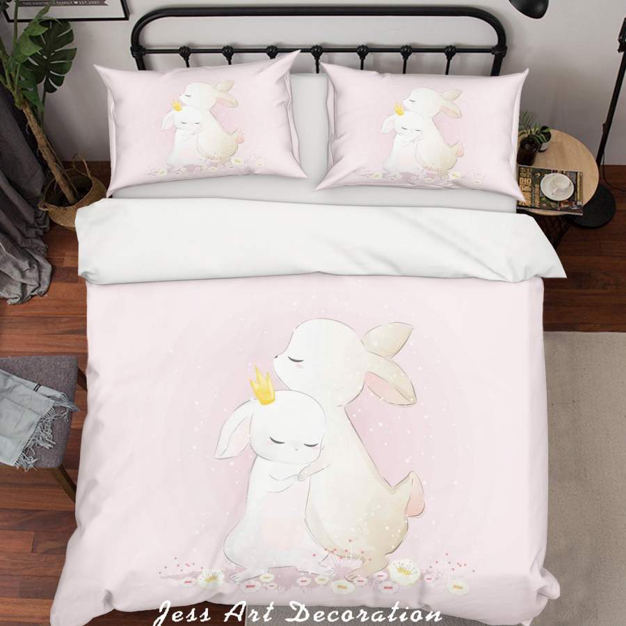 3D Pink Rabbit Floral Quilt Cover Set Bedding Set Duvet Cover Pillowcases SF89