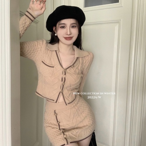 Sweet Girl Suit Color Contrast Twist V-neck Long-sleeved Knitting Sweater Hip Wrap Skirt Two-piece Set Fashion Female Clothes alx