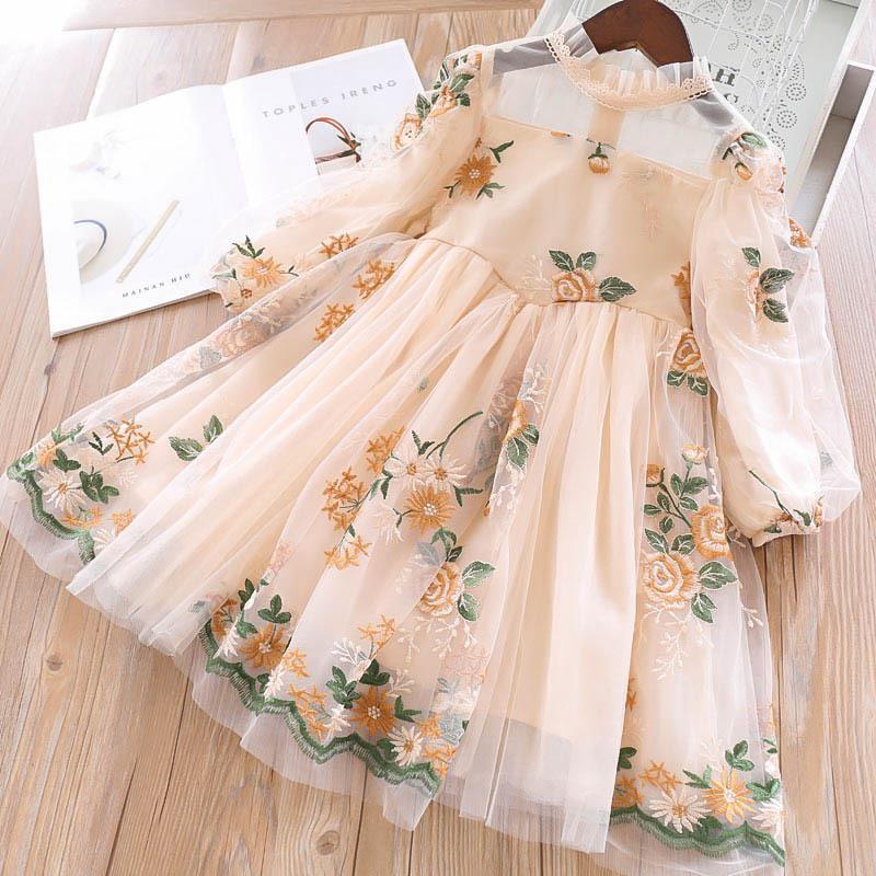 Autumn Flower Dress For Kids Girl Long Sleeve Princess Evening Party Dress Little Girls Embroidery Tulle Clothing Communion Gown alx