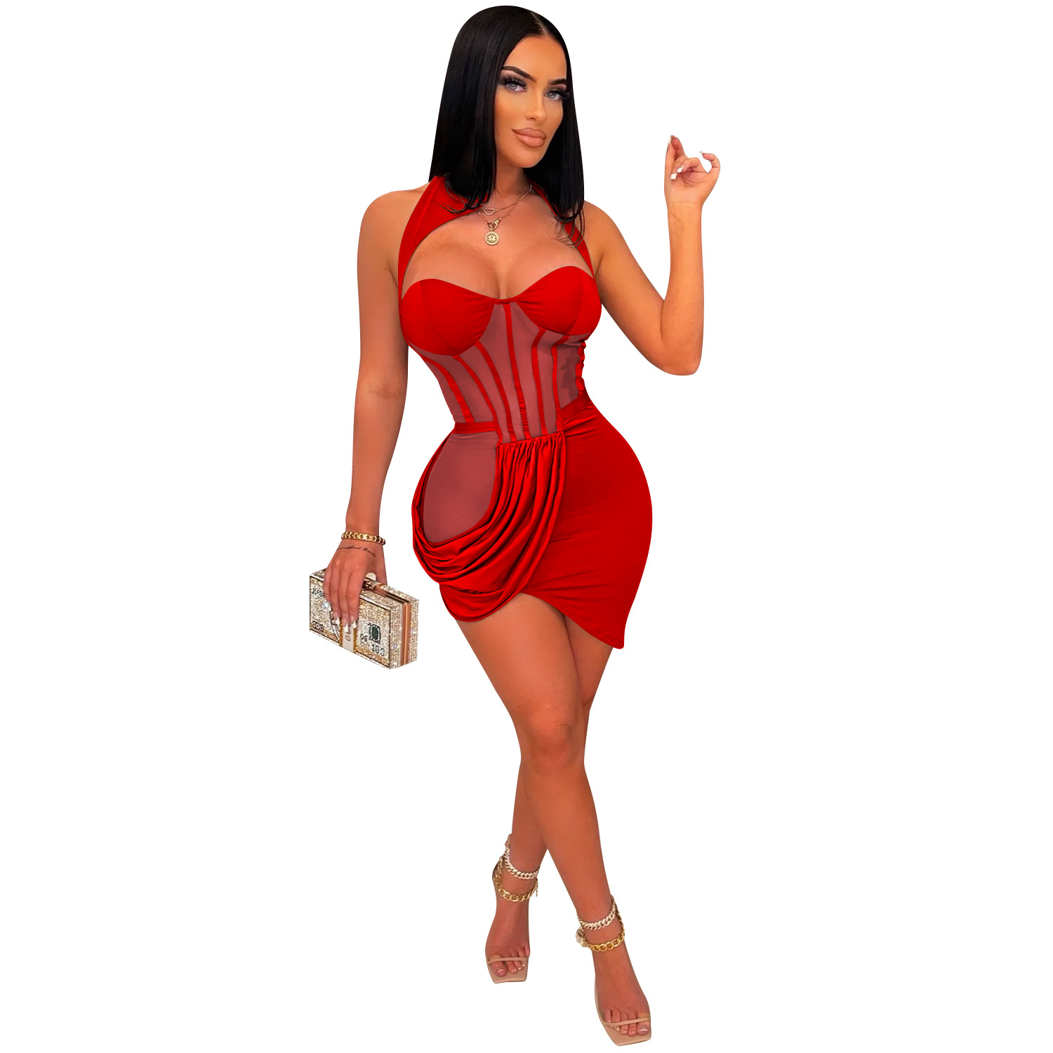 Wishyear 2022 Nude Mesh Insert Caged Mini Dress Sexy Party Night Club Outfits Irregular Hem Corset Halter Bodycon Dresses alx