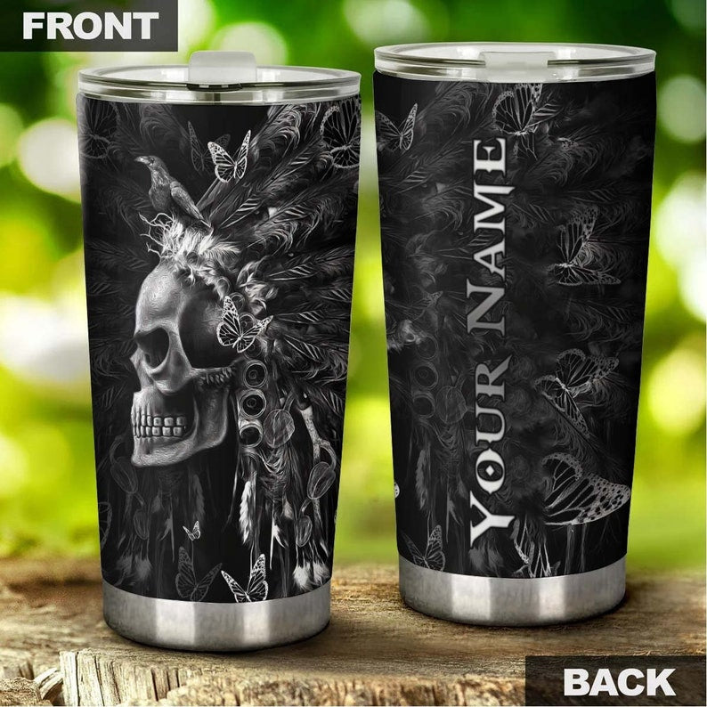 Gothic Butterfly Native American Skull Personalized Tumbler-Skull Tumbler-Skull Birthday Gift Christmas Gift Mother’S Day Gift