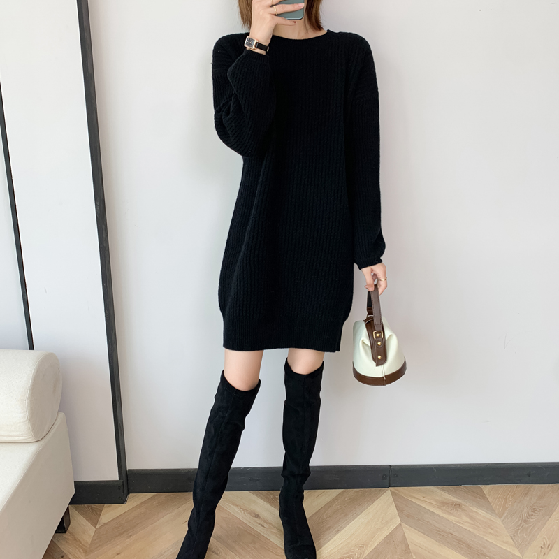 100% wool padded knit dress warm long sweater women’s autumn and winter new round neck cashmere sweater skirt loose plus size alx