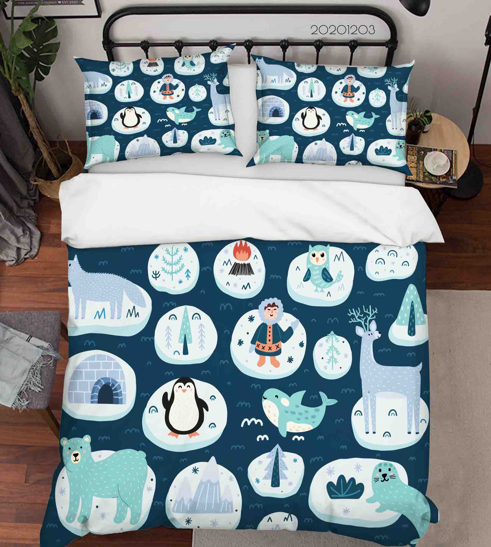 3D Cartoon Blue Iceburg Peaguin Bear Whale Animal Ocean Quilt Cover Set Bedding Set Duvet Cover Pillowcases Lxl