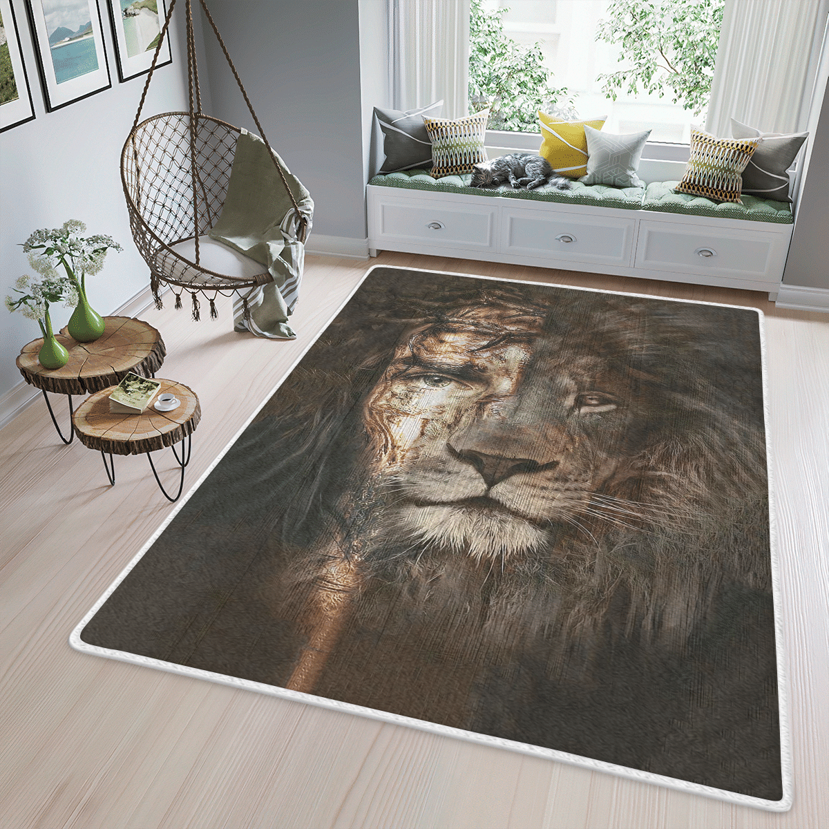 Wooni Jesus And Lion Area Rug, Rectangle Rug Wn17022212