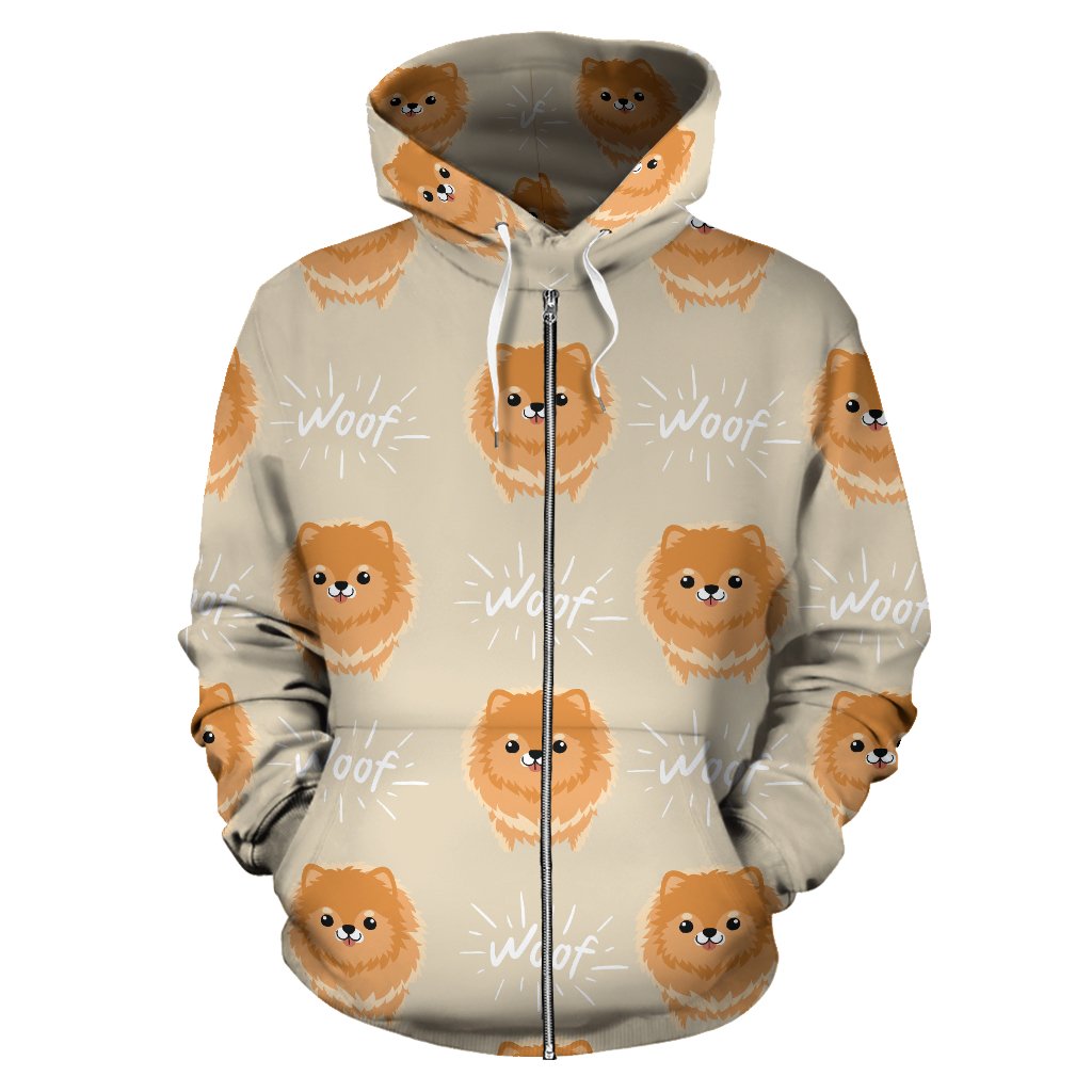 Cute Brown Pomeranian Puppy On Blue Zip Up Hoodie