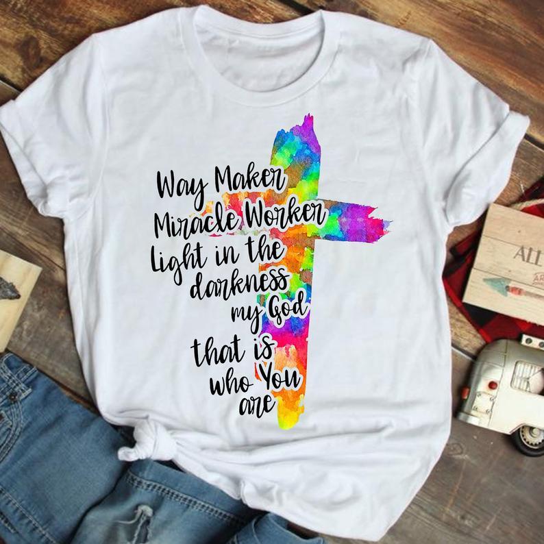 Colorful Cross Way Maker Miracle Worker Promise Keeper My God T Shirt Gift For Christians Standard/Premium T-Shirt Hoodie