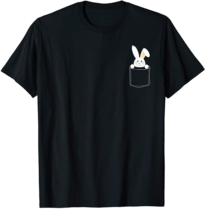 Cute Bunny Rabbit Face Sit On Pocket Easter Day T-Shirt