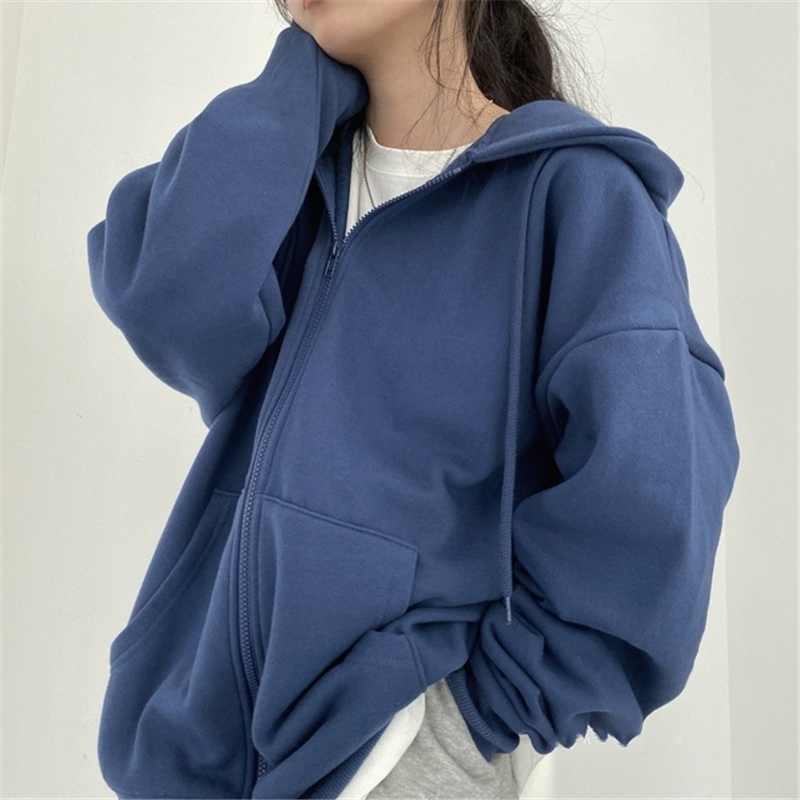 2022 New Oversize Women Hoodies Casual Solid Zip Up Hooded Sweatshirt Harajuku Korean Loose Couple Hoodie Jacket Coat Streetwear alx