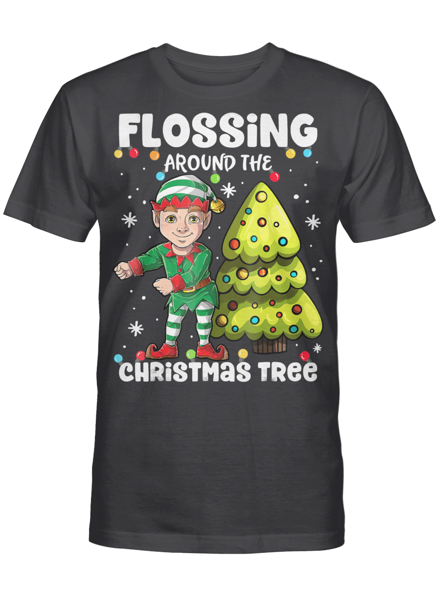 AmazeStyleZ Santa’s Reindeer, Ugly Christmas Sweater, Christmas Gift Ideas, Elf Floss Flossing Around the Christmas Tree T shirt Boys