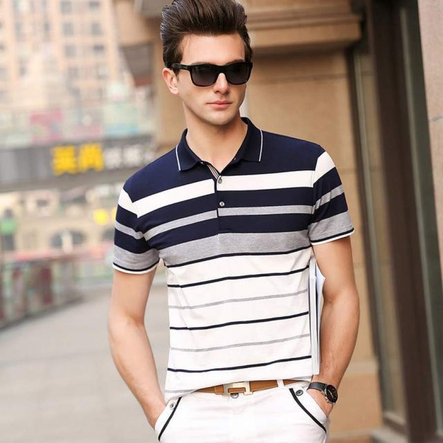 Polo Shirt Men Street Style Slim Fit Striped Polo Collar Shirt Short Sleeve Men Casual Summer Men Clothes