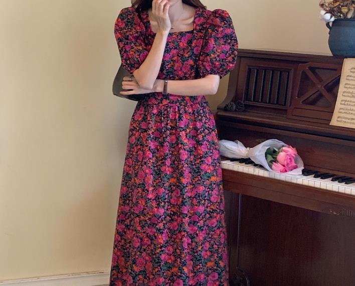 Vintage Puff Sleeve Long Floral Dress Women Summer Elegant Square Collar Slim Waist A-Line Midi Sundress alx