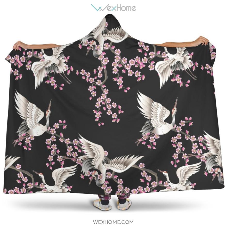 Japanese Crane Pink Sakura Pattern Hooded Blanket