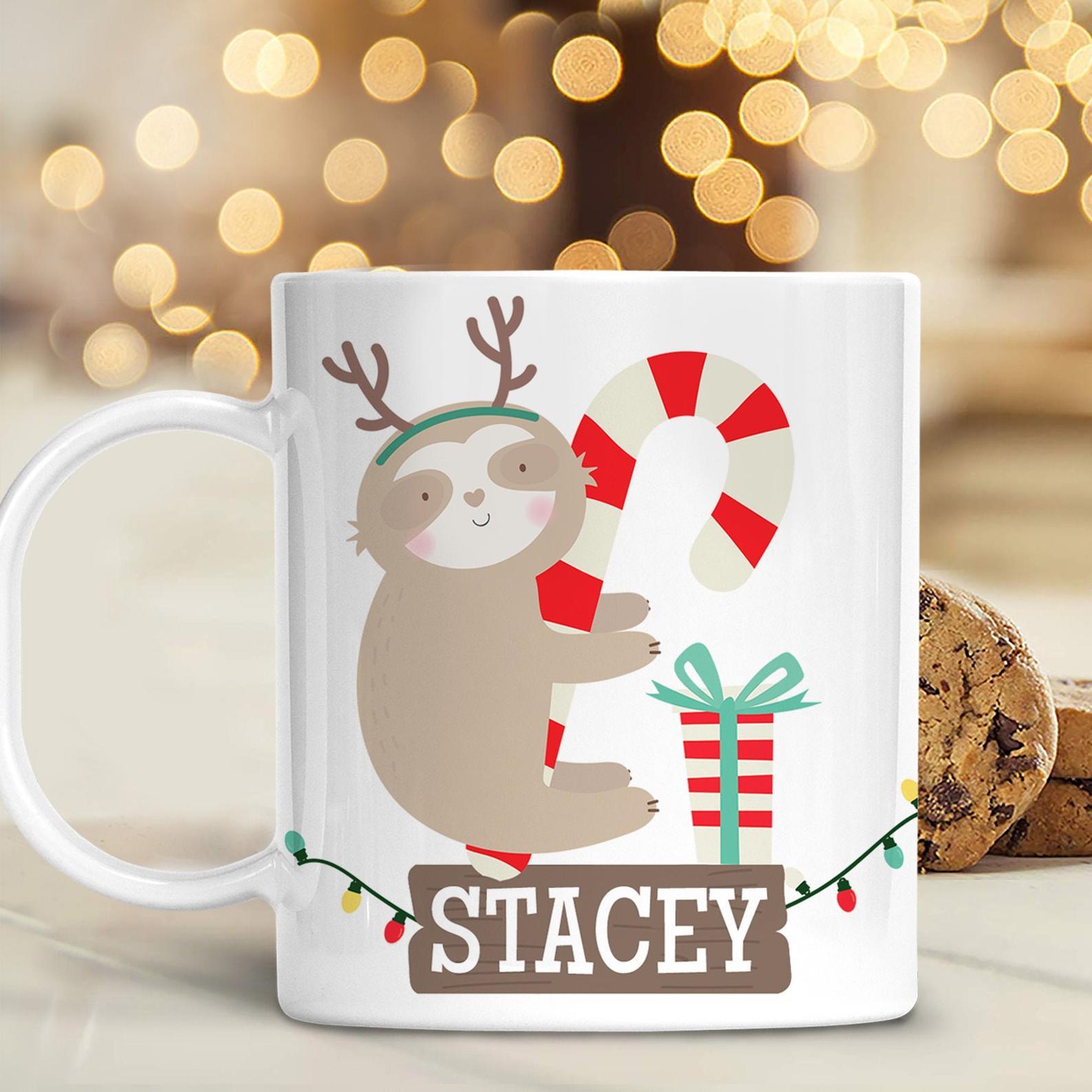 Pesonalized Name Kids Christmas Sloth On Candy Cane With Lightweight Ized Unbreakable Bpa Free Mug White Ceramic 11-15Oz Coffee Tea Cup