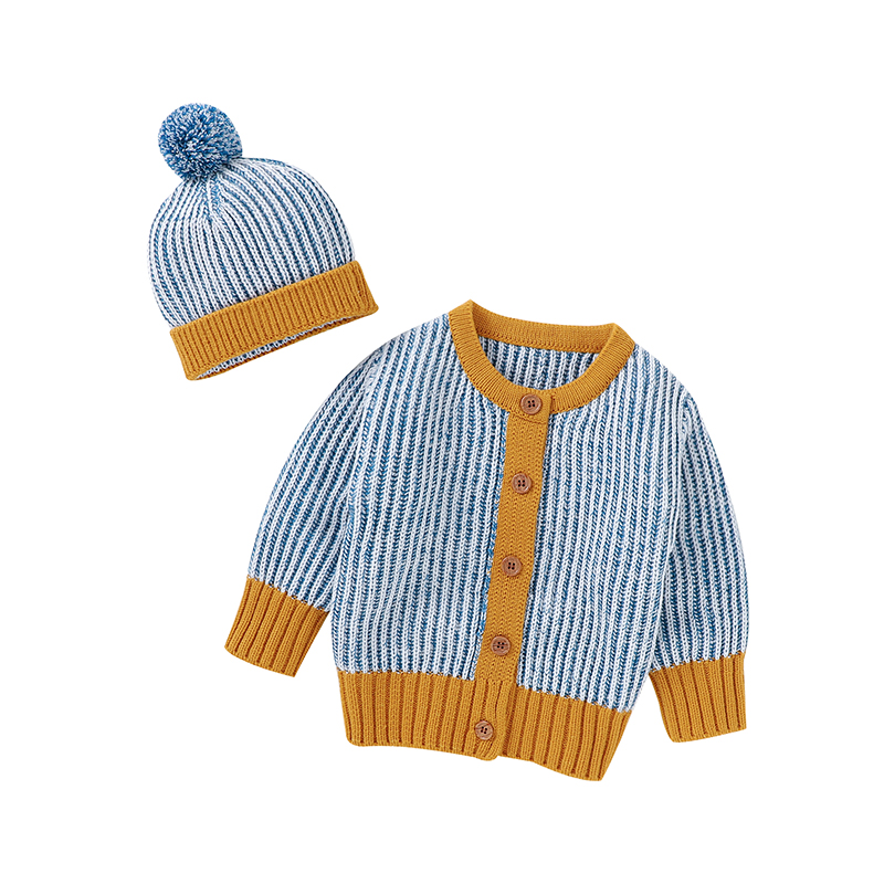 Baby Sweater Knitted Newborn Girl Top + Hat Fashion Stripe Pompom Infant Boy Clothing Cardigan Outerwear Long Sleeve Autumn 2PCS alx