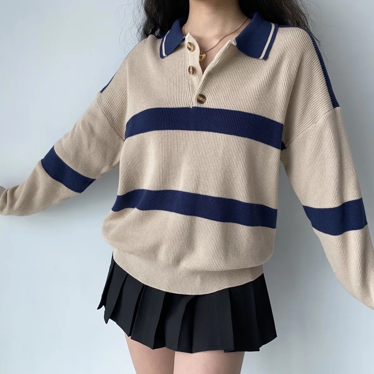 Vintage Striped Pullover Sweater for Women Autumn Winter Lazy Casual Lapel Buttons Long Sleeve Oversized Knitting Jumper Top alx