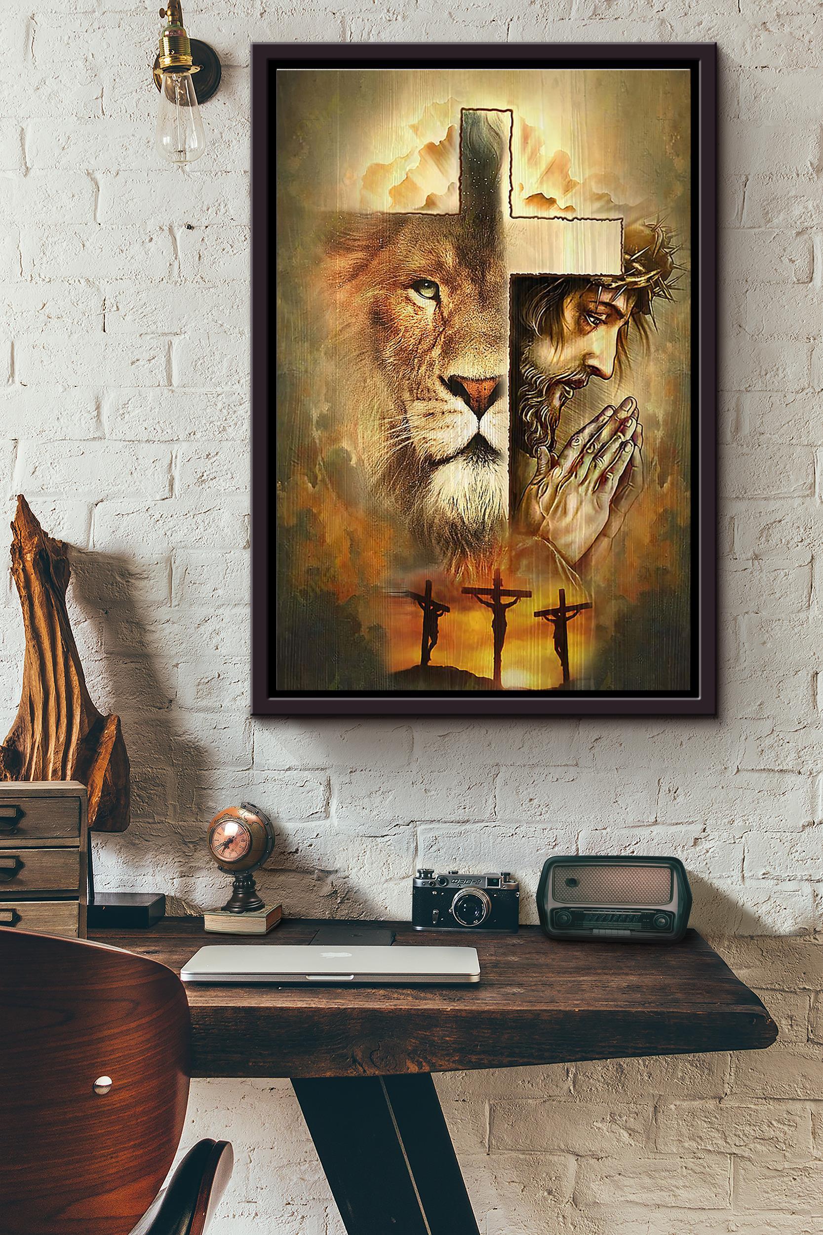 Jesus Praying Lion And Cross Poster Framed Matte Canvas