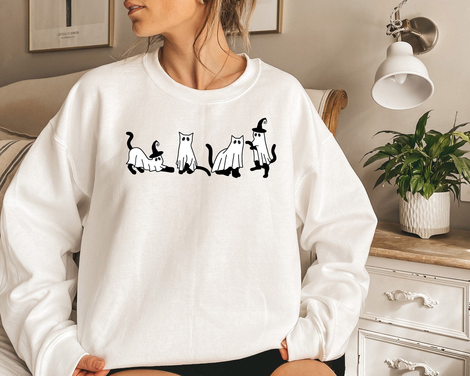 Halloween Sweatshirt,Cat Sweatshirt,Ghost Shirt,Black Cat Shirt 2D Crewneck Sweatshirt All Over Print Sweatshirt For Women Sweatshirt For Men