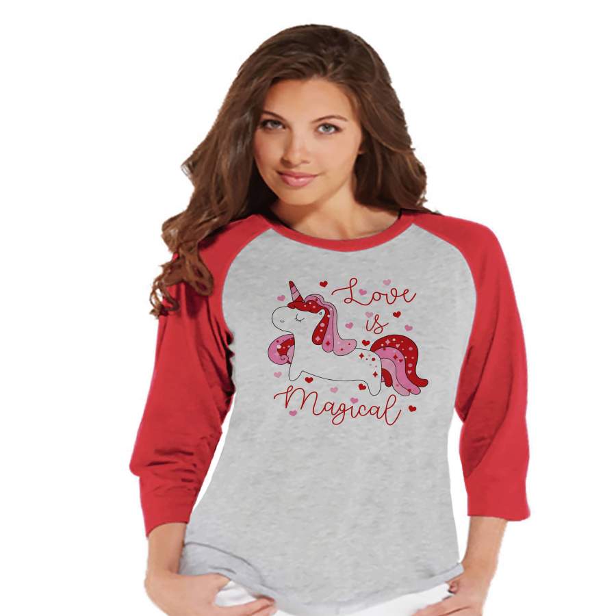 Women’s Unicorn Shirt – Love is Magical – Happy Valentine’s Day Shirt – Unicorn T-shirt – Womens Red Raglan – Love Unicorn – Gift for Her