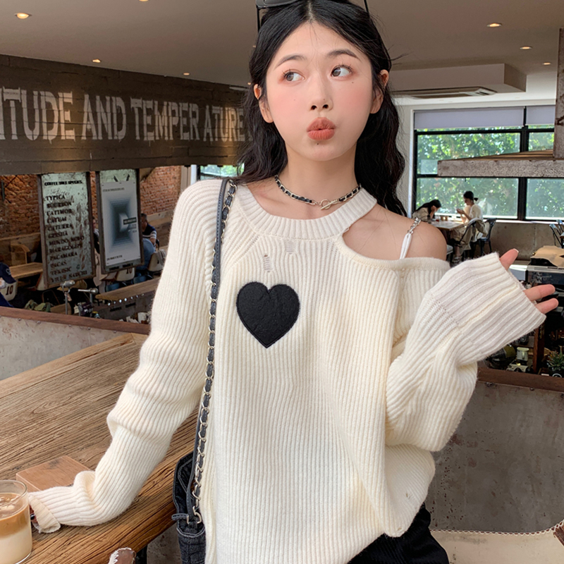 Y2K Girl Embroidery Heart O Neck Knit Sweaters Female One Side Off Shoulder Pullover Sweater 2022 Autumn Korean Fashion Clothes alx