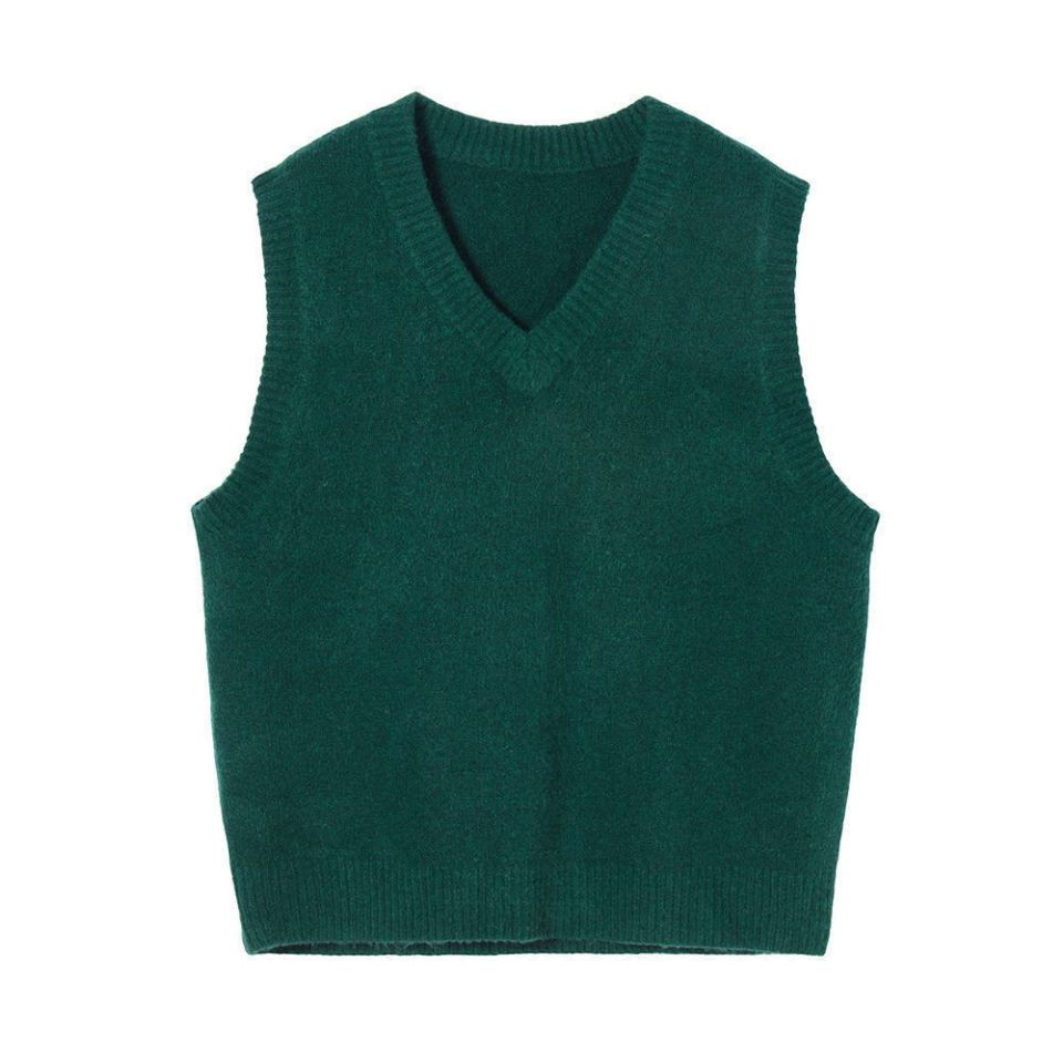 Sweater Vest Women Classic Chic Dark Green Retro BF Sleeveless Simple Design Femme Spring V-Neck Knitwear Solid New Vintage 2021 alx