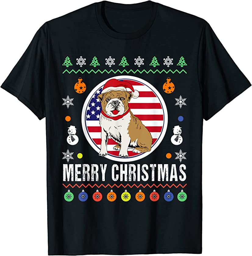 Bulldog Santa Hat American Flag Ugly Christmas Sweater T-Shirt