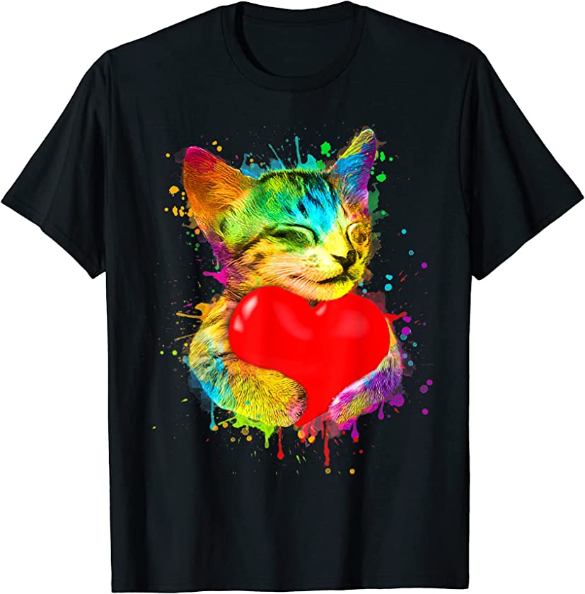 Very Cute Looking Cat Cuddling Heart Kitten Lover T-Shirt