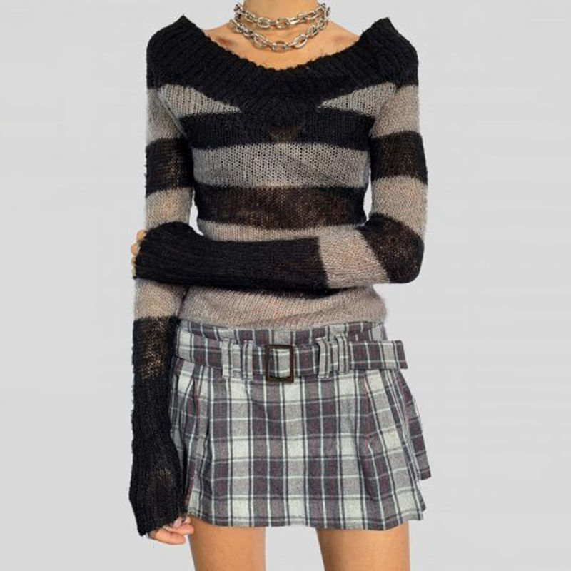 2022 Autumn Winter Women Knitted Sweater Harajuku Fashion Deep V-neck Knit Sweater Casual Black & White Striped Pullover Top alx