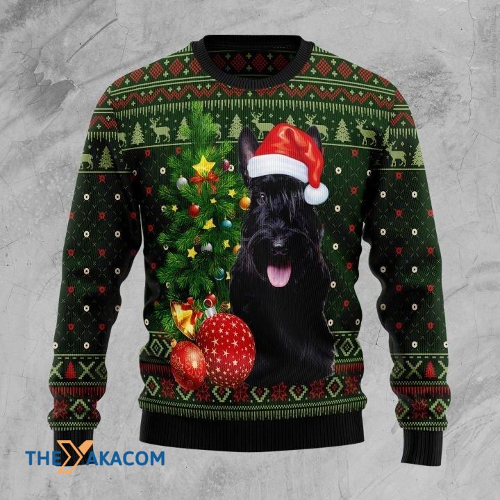 Black Scottish Terrier Dog With Red Snowball And Pine Tree Gift For Christmas Ugly Christmas Sweater