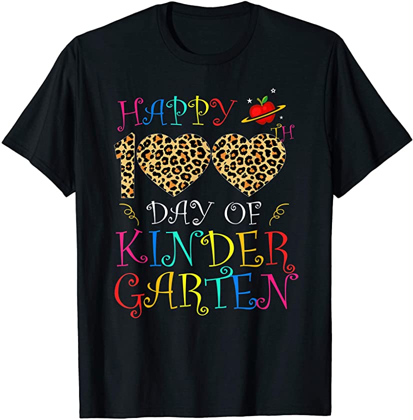 100th Day Of Kindergarten Leopard Printed Heart Kid Teacher T-Shirt