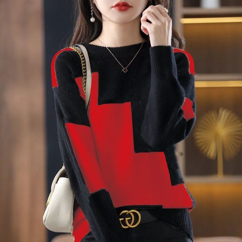 2022 Autumn Winter Black and White Contrast Splicing Sweater Korean New Fashion Elegant Round Neck Casual Sweater for Female alx