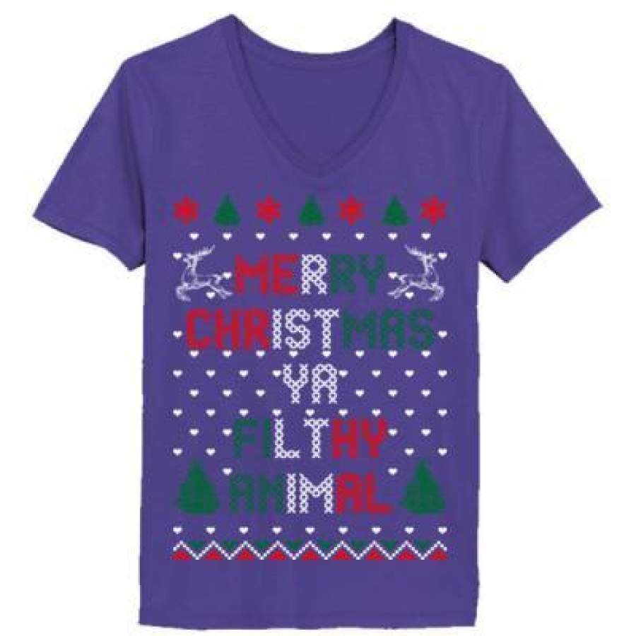 AGR Merry Christmas Ya Filthy Animal Christmas Ugly Sweater – Ladies’ V-Neck T-Shirt