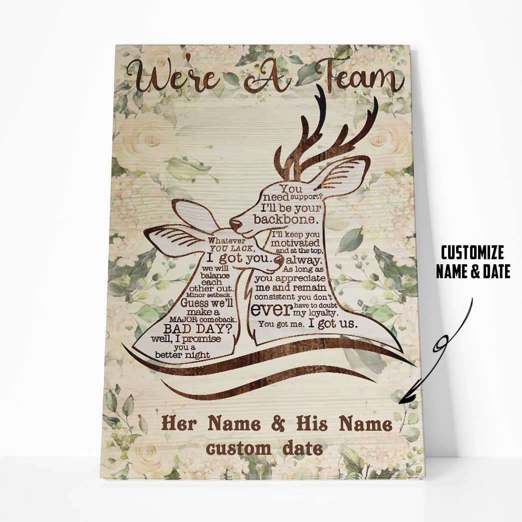 Flowermoonz 3D Deer Couple We Are A Team Custom Name Date Canvas
