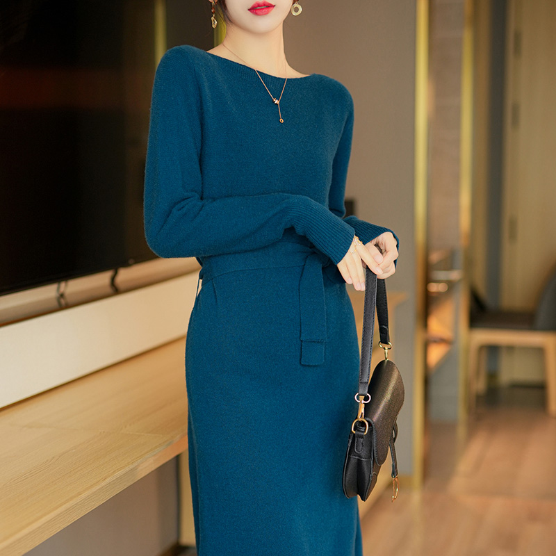 100% Merino Wool Knit Dress Women’s One-Line Neck Long Skirts Autumn/ Winter Slim Skirts Casual Fashion Bottoming Cashmere Skirt alx