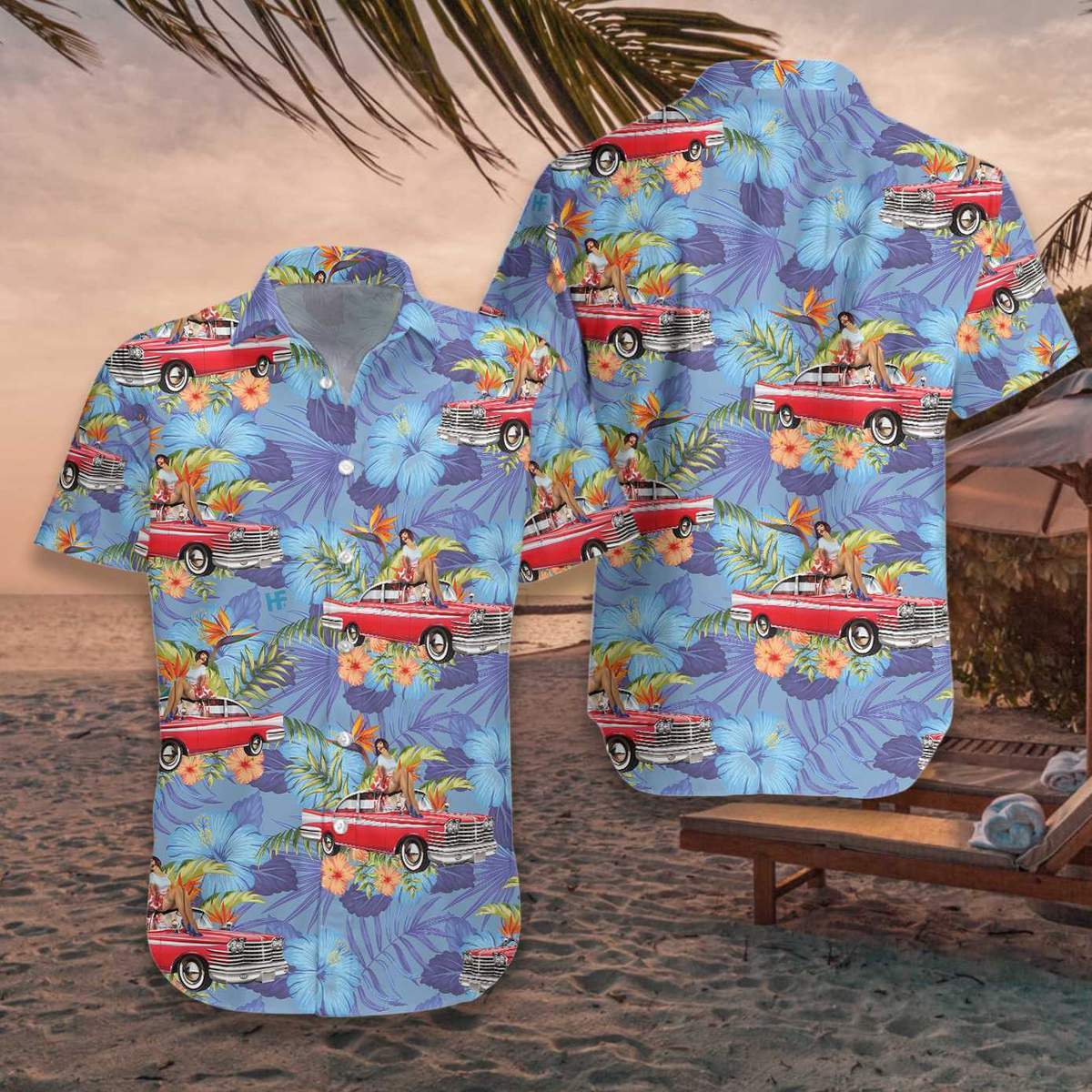 Blue Retro Vintage Girl and Car Hawaiian Shirts #DH