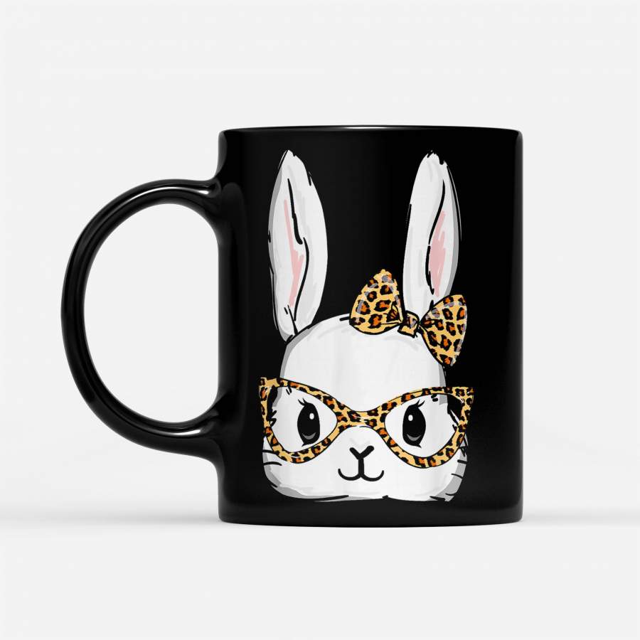 Bunny Rabbit Glasses Leopard Print Easter – Black Mug