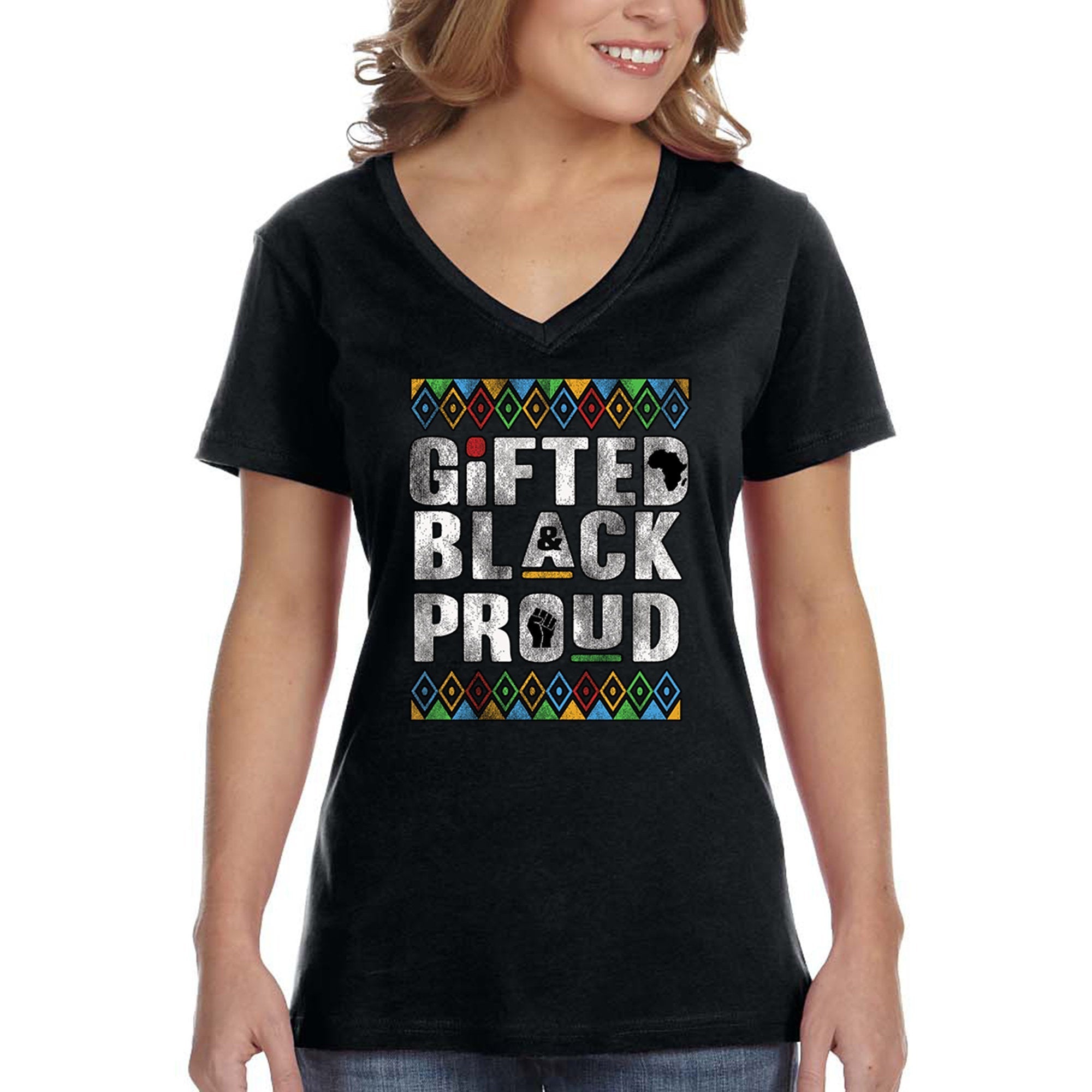 Xtrafly Apparel Women’S Gifted Black Proud Blm Lives Matter Pride Africa Heritage African American Afro Queen Rasta Rastafari V-Neck T-Shirt