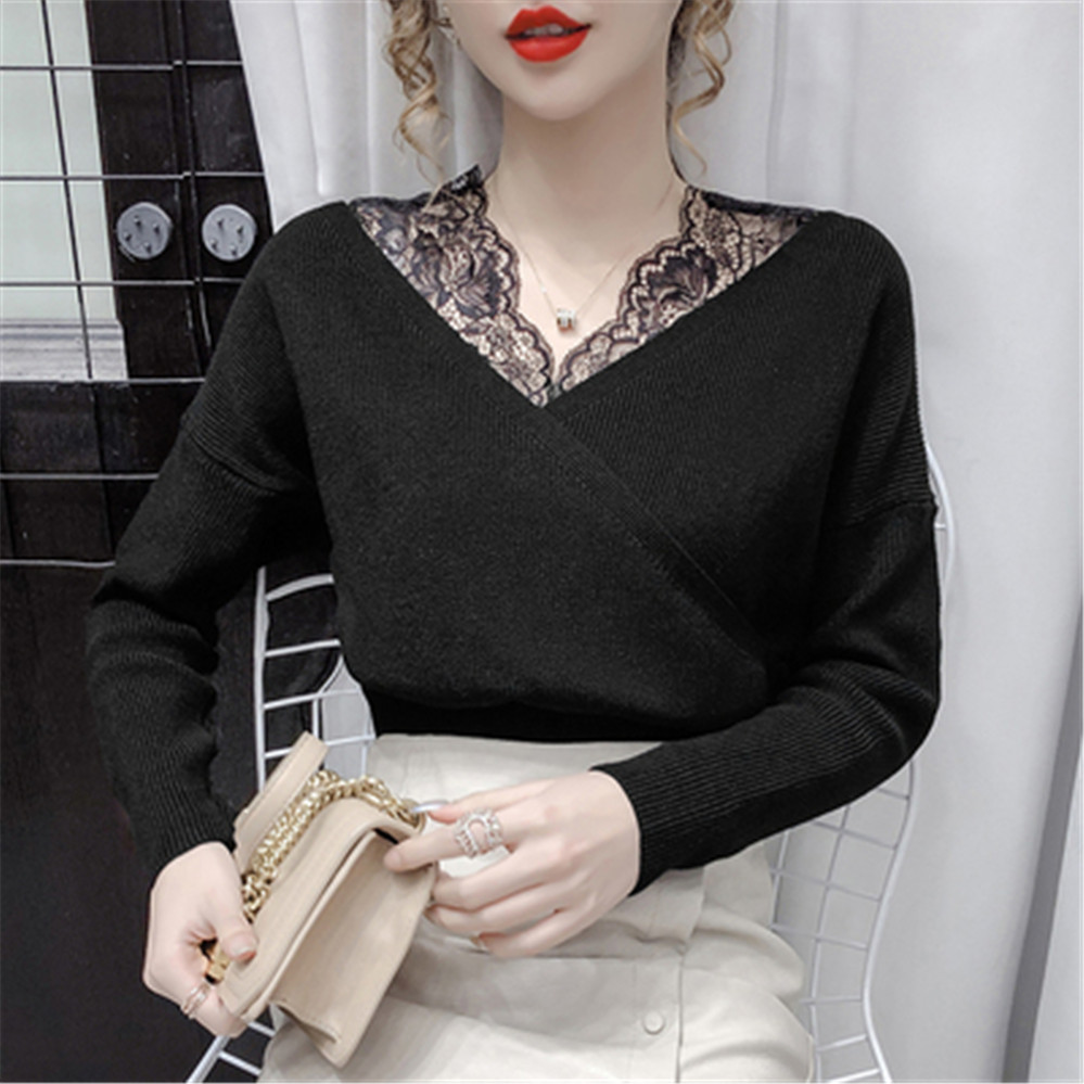 2020 Winter Fashion Sweaters Pullovers Crop Tops Women’s Patchwork Lace V-neck Full Sleeve Sweater Pullover For Female alx